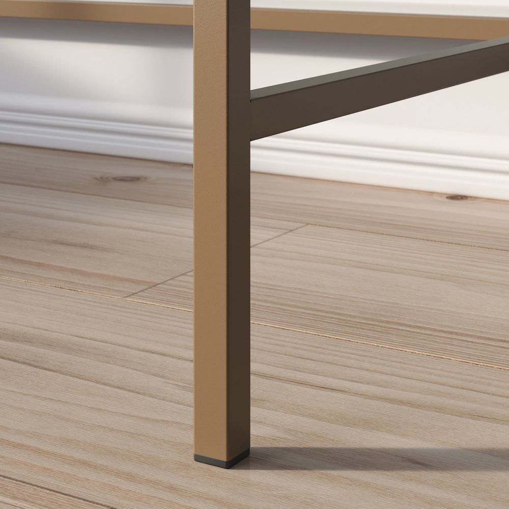 English Elm Writing Desk with Warm Mango Finish and Satin Gold Metal Frame, Compact Engineered Wood Workspace and Glass Shelf, Sturdy Design for Home Office, Hallway or Guest Room — Easy Assembly B356P368904