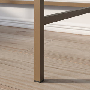 English Elm Writing Desk with Warm Mango Finish and Satin Gold Metal Frame, Compact Engineered Wood Workspace and Glass Shelf, Sturdy Design for Home Office, Hallway or Guest Room — Easy Assembly B356P368904