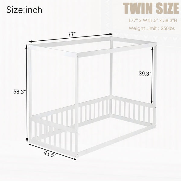 English Elm Twin Canopy Floor Bed Rubberwood Frame with Fence Guardrails for Kids Bedroom White W504P351802