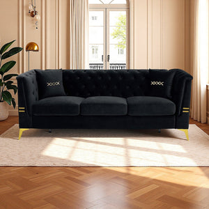 English Elm FX-P83-2PC Velvet Sofa Set of 2 with Tufted Cushions and Gold-Tone Metal Legs for Luxe Comfort Black W576S00239