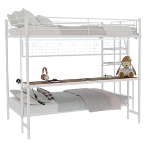 English Elm Full Over Twin Metal Bunk Bed with Desk Led Strip Shelves for Teen Dorm Rooms Ancient White W1935S00010