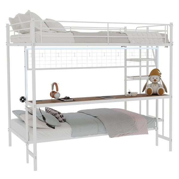 English Elm Full Over Twin Metal Bunk Bed with Desk Led Strip Shelves for Teen Dorm Rooms Ancient White W1935S00010
