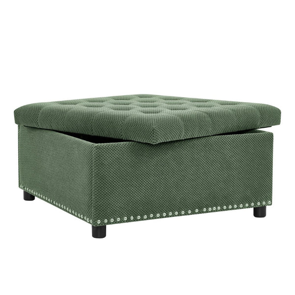 English Elm Storage Ottoman Tufted Nailhead Trim Lift Top Footstool for Living Room or Bedroom Green W5568P447090