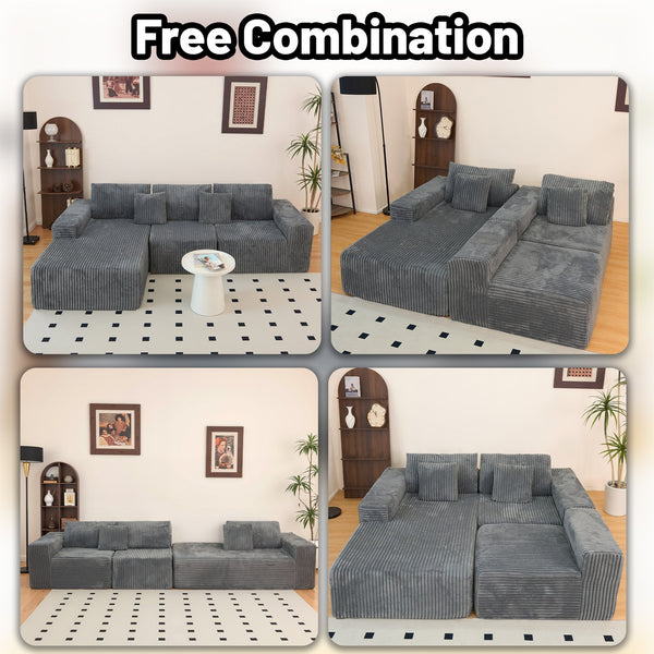 English Elm 112.99"Cloud Long-Pile Corduroy Sectional Sofa with L-Shape Chaise, Modular Deep-Seat Comfort for Living Room Grey W3276S00010