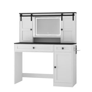 English Elm Farmhouse Vanity Table with Lighted Mirror Drawers and Hair Tool Storage for Bedroom W1321P423102