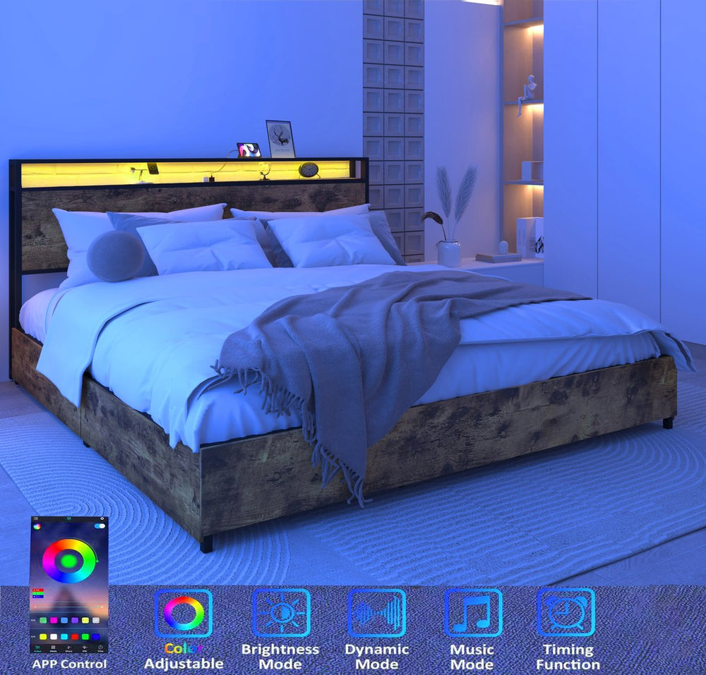 English Elm King Storage Bed Frame with Charging Station, LED RGB Lighting, 4 Drawers, Sturdy Metal Build, Noise-Free Antique brown W2129P210694