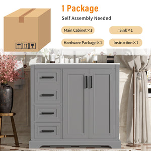 English Elm 36" Modern Bathroom Vanity with Ceramic Sink, Soft-Close Doors, 3 Drawers & Ample Storage for Small Baths Gray N729P280194E