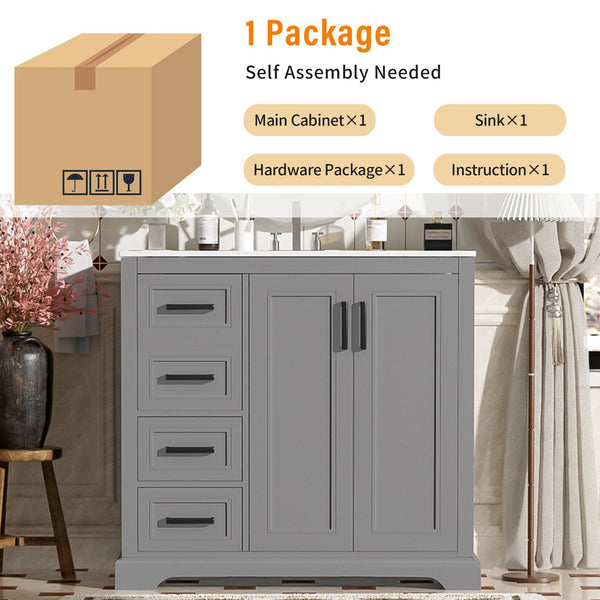 English Elm 36" Modern Bathroom Vanity with Ceramic Sink, Soft-Close Doors, 3 Drawers & Ample Storage for Small Baths Gray N729P280194E