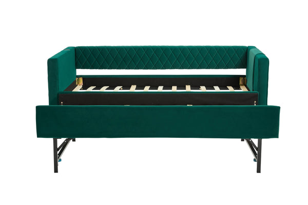English Elm Emerald velvet daybed with diamond tufted pull-out trundle, modern sturdy frame, luxe guest bed for living spaces W1361S00033
