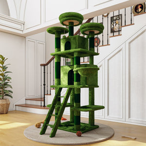 English Elm Large 7 Tier Plush Cat Tree with Dual Condos Hammock Sisal Posts for Multi Cat Homes Green W1578P447622