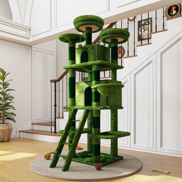English Elm Large 7 Tier Plush Cat Tree with Dual Condos Hammock Sisal Posts for Multi Cat Homes Green W1578P447622