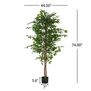 English Elm Christopher Knight Home® - 74" Artificial Ficus Tree with Twisted Trunk, Lush Glossy Leaves, Pre-Potted Green Décor, Low-Maintenance N772P286772G