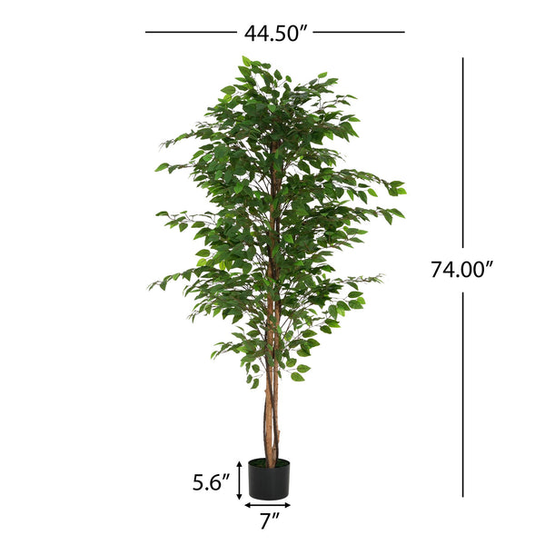 English Elm Christopher Knight Home® - 74" Artificial Ficus Tree with Twisted Trunk, Lush Glossy Leaves, Pre-Potted Green Décor, Low-Maintenance N772P286772G