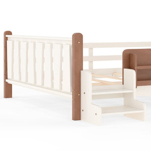 English Elm Queen Bunk Bed with Trundle Solid Pine Kids Car Themed Frame Built-in Bookshelf Beige+Natural W1580S00536
