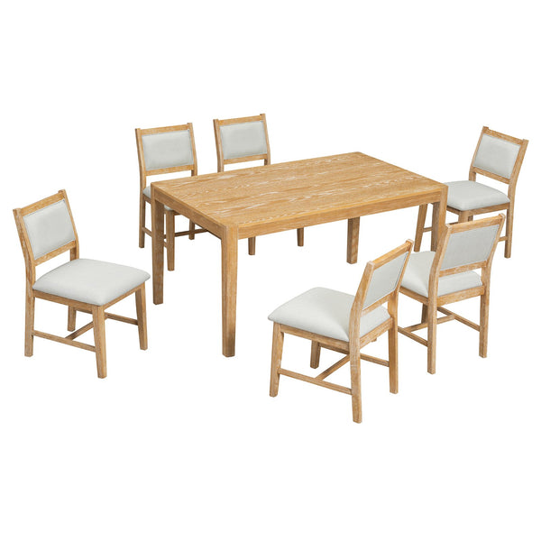 English Elm TREXM 7-Piece Retro Dining Table Set for 6 with Distressed Oak Veneer, Upholstered Comfort Chairs Natural ST000143AAN