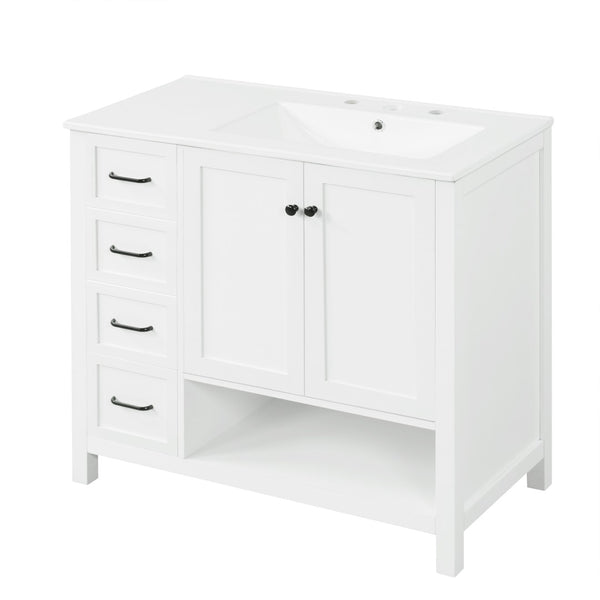 English Elm 36" Freestanding Bathroom Vanity Solid Wood Mdf Cabinet Ceramic Undermount Sink Open Shelf White N725P364203K