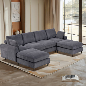 English Elm Modern corduroy modular sectional sofa U‑ or L‑shape convertible oversized seating with storage pockets adjustable headrests Grey W2121S00008