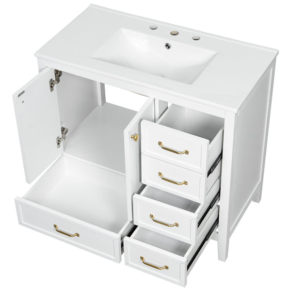 English Elm Christopher Knight Home® - 36" Vintage-inspired Bathroom Vanity with Ceramic Sink, Solid Wood Frame, Soft-Close Drawers, Spacious Storage White N759P293646K