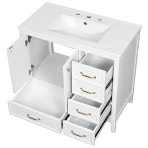 English Elm 36" Solid Pine Bathroom Vanity with Ceramic Sink 4 Soft Close Drawers Vintage Style White N759S293646K