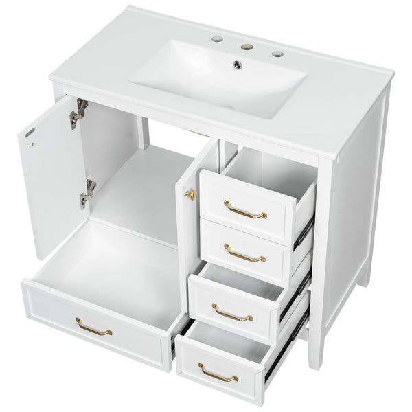 English Elm 36" Solid Pine Bathroom Vanity with Ceramic Sink 4 Soft Close Drawers Vintage Style White N759S293646K
