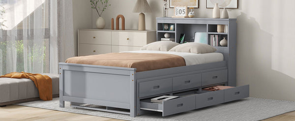 English Elm Twin Platform Bed with Storage Headboard, Pull-Out Trundle & 3 Drawers, USB Ports, Solid Wood Durability Gray GX000715AAE