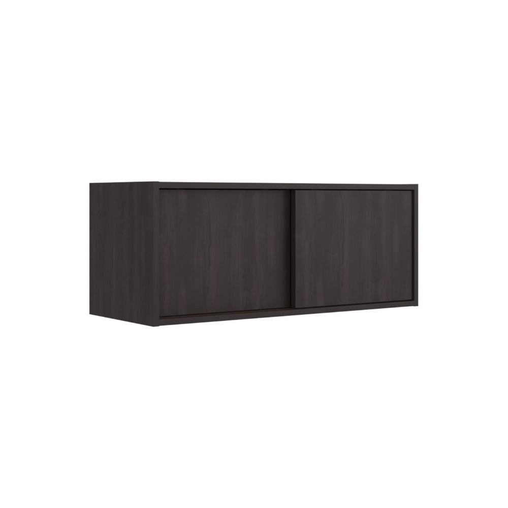 English Elm Note Floating Wall Cabinet Sliding Doors Slim Enclosed Storage for Office or Bedroom Dark Walnut B200P462886