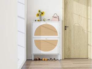 English Elm 2 Door Shoe Rack with Engineered Rattan, Metal Base & Anti-Slip Feet, Moisture-Proof, Slim 31.96"L W68850764