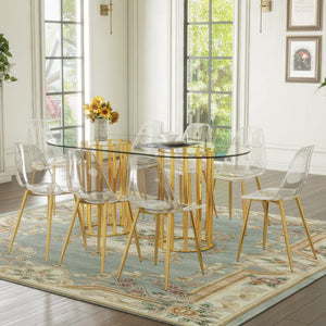 English Elm Table and Chair Set Oval Glass Top Gold Column Base with Ghost Acrylic Seating for 8 W1151S04731