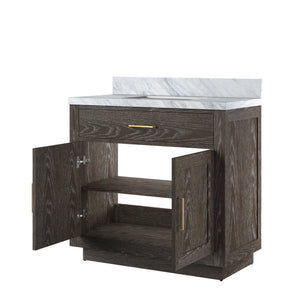 English Elm Brown Oak Single Bath Vanity With Carrara Marble Top - Elegant 36" W X 22" D Design, Ready To Install! B2731P257665