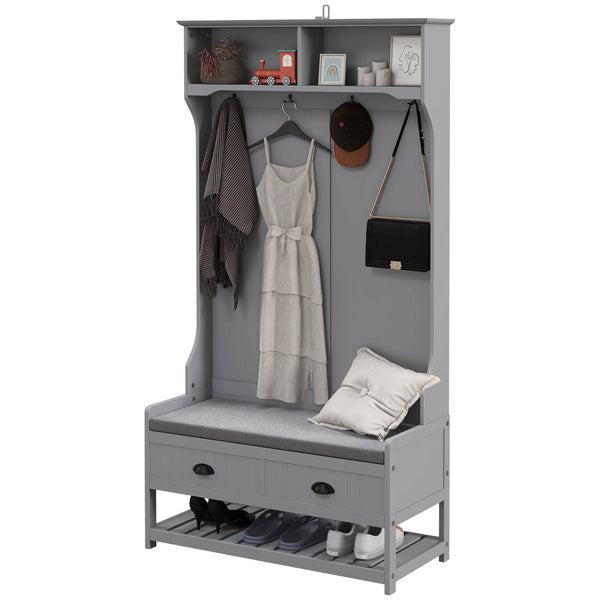 English Elm HOMCOM Entryway Hall Tree with Bench and 5 Double Hooks, Shoe Storage, Anti-Tip Mudroom Organizer Gray W2225P249585