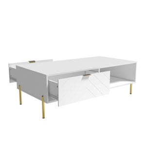 English Elm Mid-century Modern Coffee Table with Dual Drawers Tapered Legs and Open Storage Shelf White T3609P482851