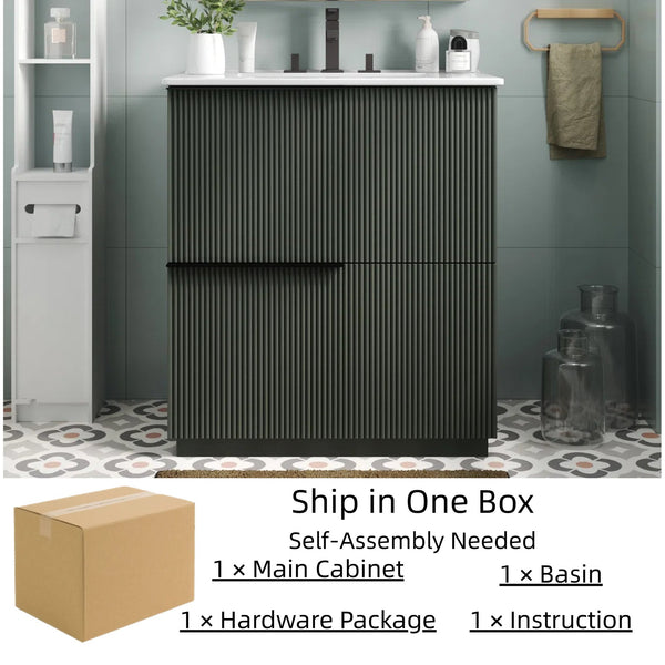 English Elm Christopher Knight Home® - 30" Bathroom Vanity With Elegant Ceramic Sink, Soft-Close Drawers & Fluted Green Design For Modern Spaces N817P295760G