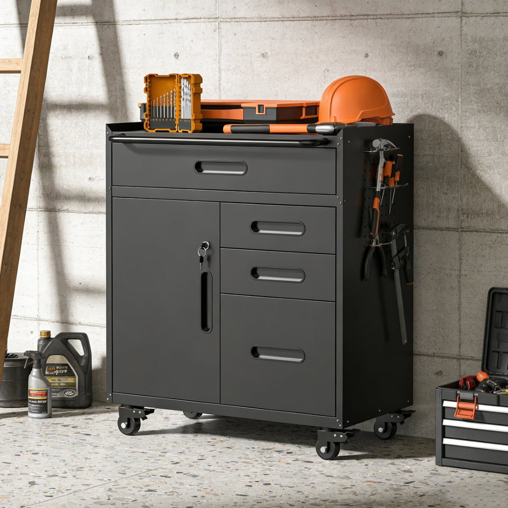 English Elm 34.3" Rolling Steel Workshop Cabinet with 3 Drawers Lockable Doors and Pegboard Sides W2735P428817