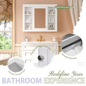 English Elm 36'' Modern Bathroom Vanity with Mirror Cabinet and Sink, Spacious Storage, Soft-Close Doors & Drawers White SW000134AAK-3