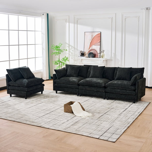 English Elm 140.9-inch U-shaped Modular Sectional Sofa with Ottomans Chenille Cloud Cushions Black W288S00030