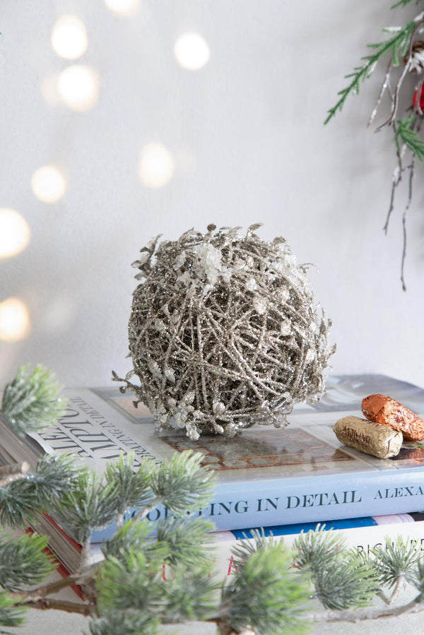 English Elm D4.5" Iced Leaf/Twig Ball Silver Hanging Ornaments Set of 4 — Natural Frosted Texture for Tree Decor Gifts W2078P262451