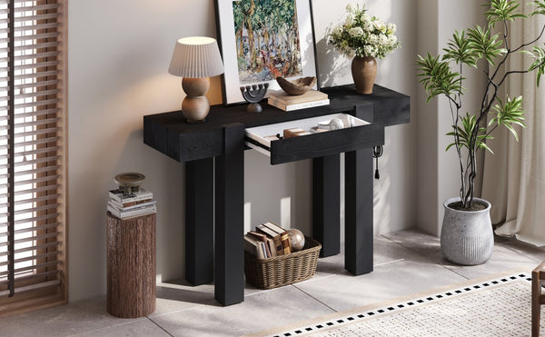 English Elm Trexm Ash Veneer Entryway Console Table Built in Power Outlet Drawer Rubberwood Black N715P361518B