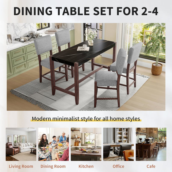 English Elm 5-Piece Counter Height Dining Set with Faux Marble Top and Upholstered Seats, Mid-Century Pub Charm Black+ Gray N752S000086B