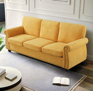 English Elm Soft Velvet Sofa - Luxurious 3-Seater Velvet Couch with High-Density Foam, Turned Wood Legs, Chic Lounge Cozy Modern Design Mustard yellow B2735P292317
