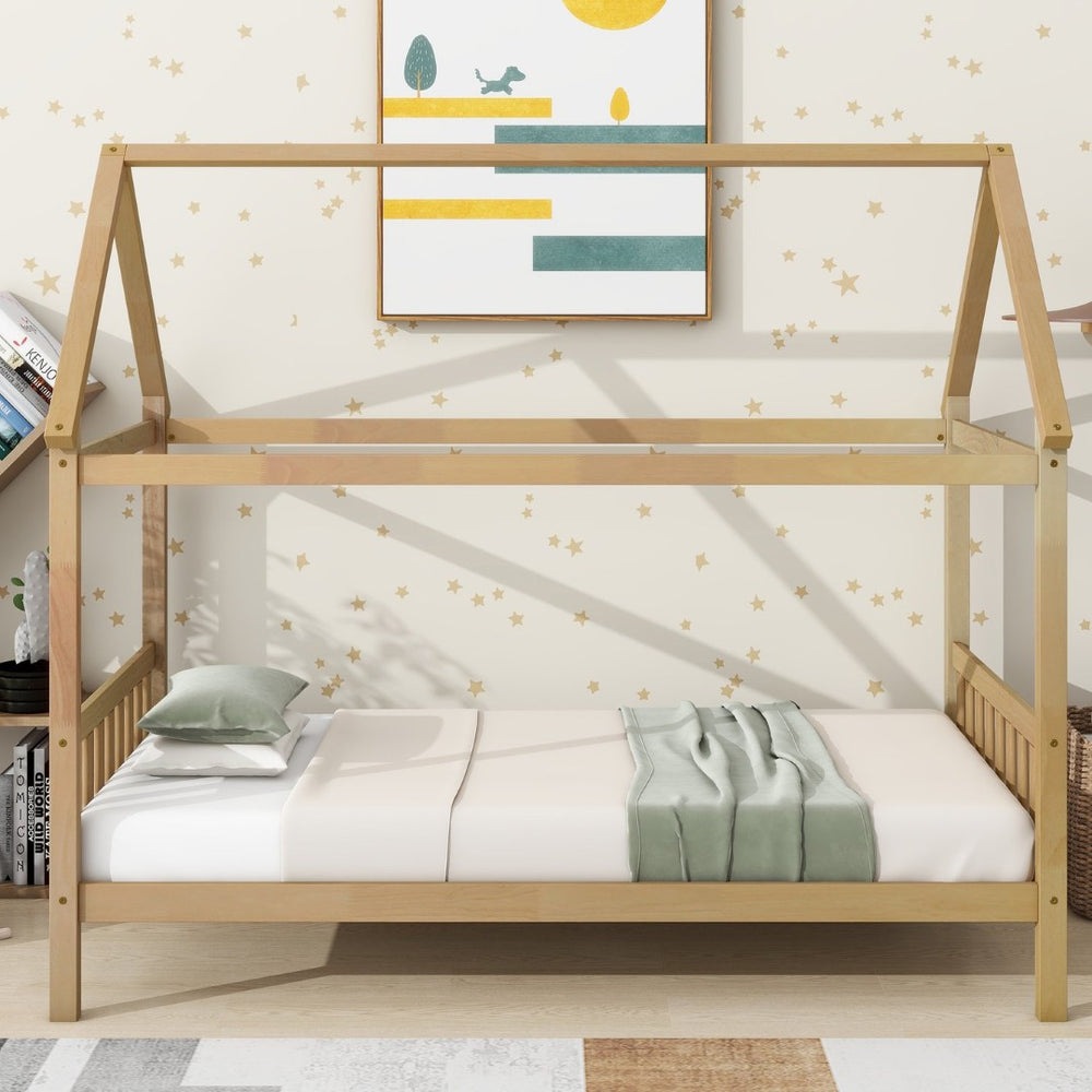 English Elm Twin House Frame Bed Solid Rubberwood Pitched Roof Headboard Kids Room White Oak W504P360081