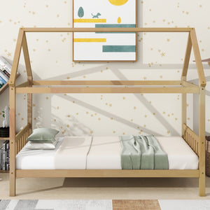 English Elm Twin House Frame Bed Solid Rubberwood Pitched Roof Headboard Kids Room White Oak W504P360081