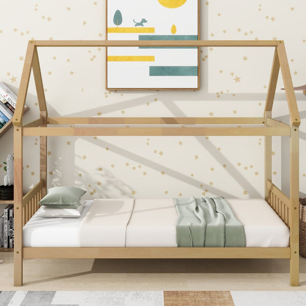 English Elm Twin House Frame Bed Solid Rubberwood Pitched Roof Headboard Kids Room White Oak W504P360081