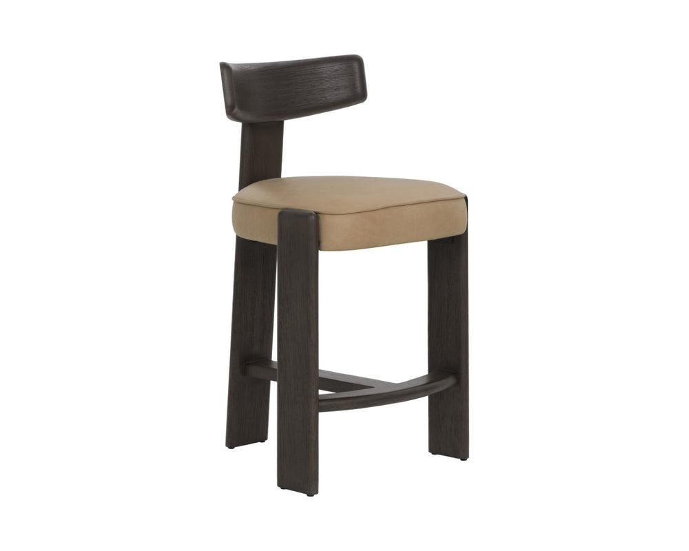 Sunpan HORTON Counter Stool - Dark Brown Oak Frame with Sahara Sand Leather for Ergonomic Comfort & Style 112395