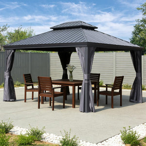 English Elm 13x13ft Hardtop Gazebo Galvanized Steel Vented Double Roof with Curtains Netting Patio Gray W1859S00201