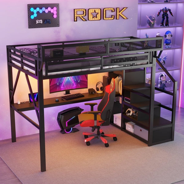 English Elm Twin Metal High Loft Bed with Staircase Storage Wardrobe for Kids and Teens W2580S00077