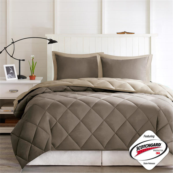 JLA Home Madison Park Essentials - 3M Ultra-Soft Quilted Reversible Comforter Set with Scotchgard Stain Defense and Antimicrobial Finish Brown/Sand BASI10-0195