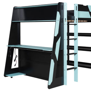 English Elm Full Size Gaming Loft Bed with Led Lighting Desk Shelves and Usb Charging Ports Black+Blue N820S00076C