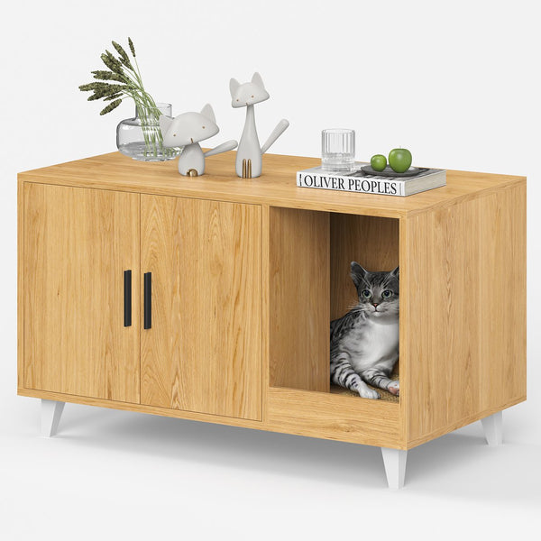 English Elm STARY Hidden Cat Litter Box Enclosure Furniture with Scratch Pad, Odor-Control, Sturdy 120LB Load Natural T3623P339385