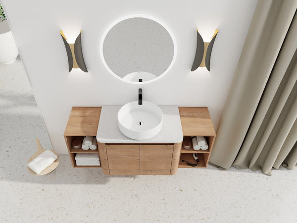 English Elm 54'' Elegant Wall-Mounted Bathroom Vanity With Ceramic Vessel Sink, Soft-Close Doors & Storage Shelves W999S00414