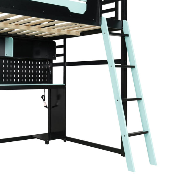 English Elm Full Size Gaming Loft Bed with Built-in Desk Led Lighting Usb Ports and Pegboard Black+Blue LT000270AAC
